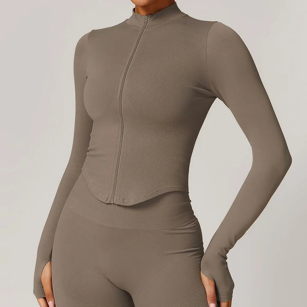 Zipper Jacket Women Crop Tops Yoga T-shirts Solid Sports Top