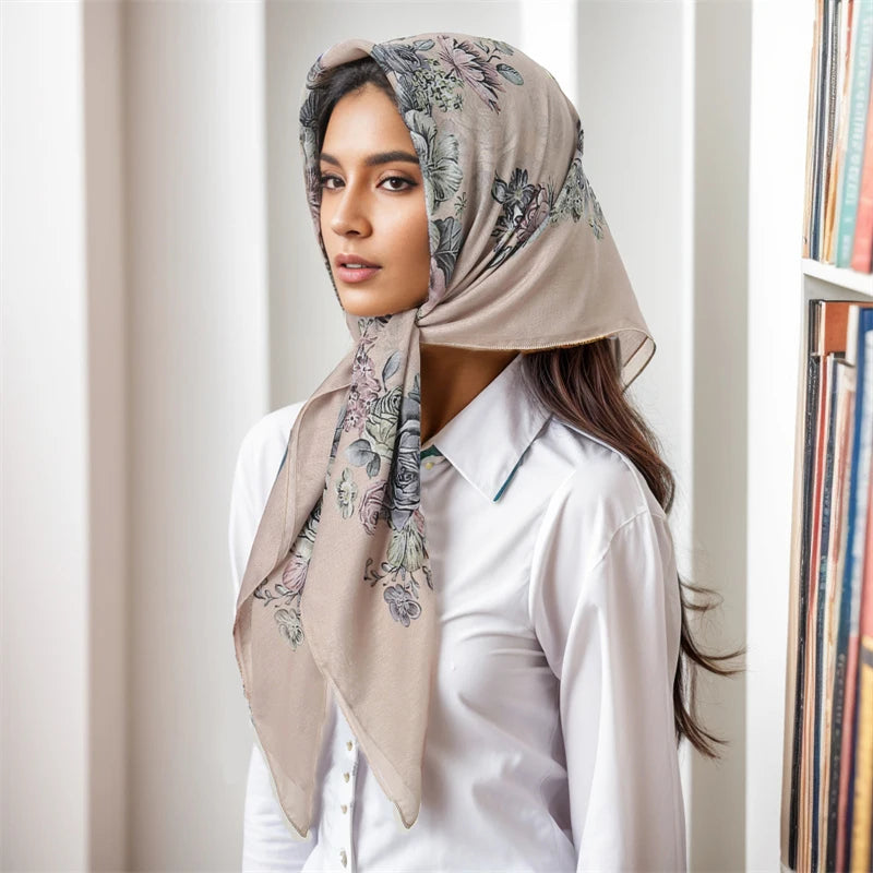 New Muslim Square Hijab Scarf Print Turban Thick Cotton Hair