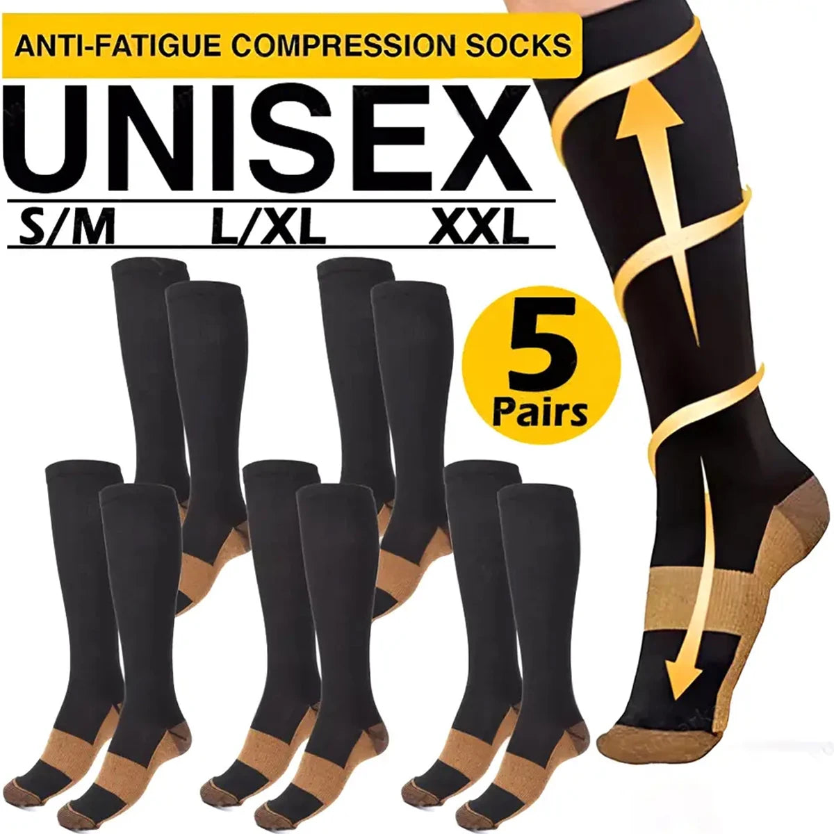 5Pair Sports Copper Compression Socks Anti Varicose Veins for Women and Men Calf Support Socks for Running Nurses Flight