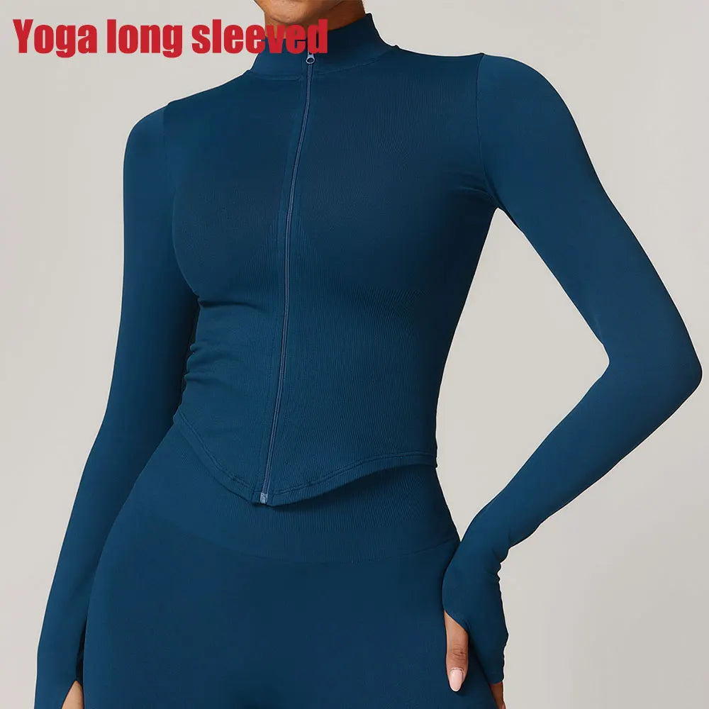 Zipper Jacket Women Crop Tops Yoga T-shirts Solid Sports Top
