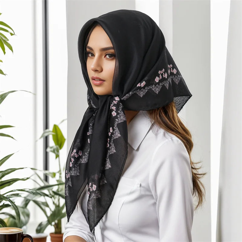 New Muslim Square Hijab Scarf Print Turban Thick Cotton Hair