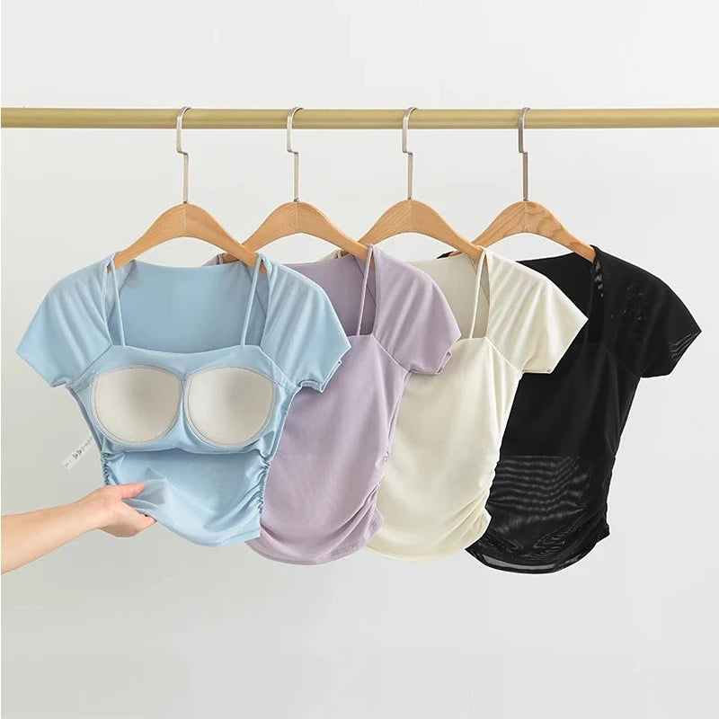 Women's Padded Yoga Shirts Short Sleeve Sports Crop Top Fitness Workout T-Shirt Sexy Cropped Running Tights Gym Clothing