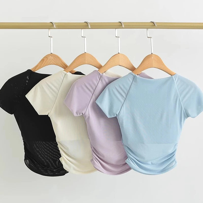 Women s Padded Yoga Shirts Short Sleeve Sports Crop Top
