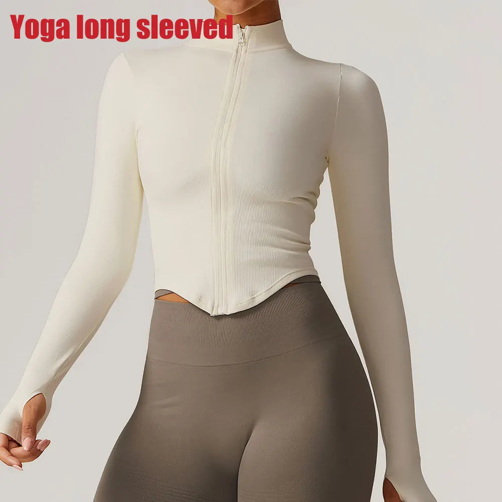Zipper Jacket Women Crop Tops Yoga T-shirts Solid Sports Top