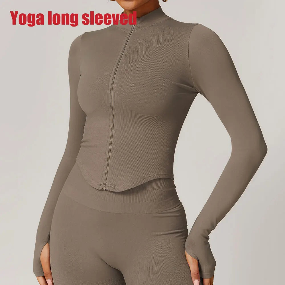 Zipper Jacket Women Crop Tops Yoga T-shirts Solid Sports Top