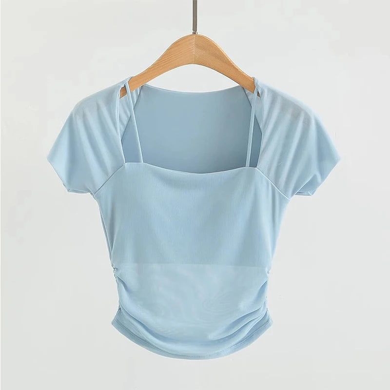 Women s Padded Yoga Shirts Short Sleeve Sports Crop Top