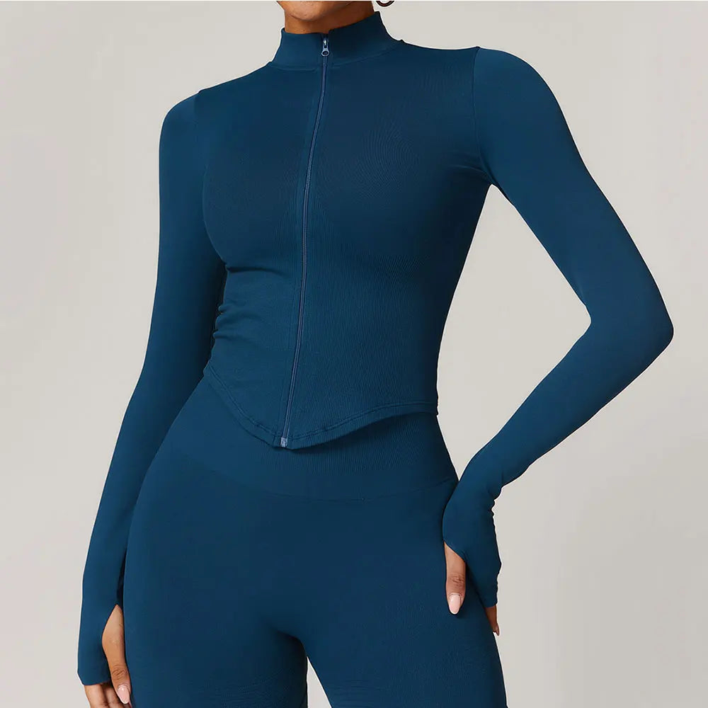 Zipper Jacket Women Crop Tops Yoga T-shirts Solid Sports Top