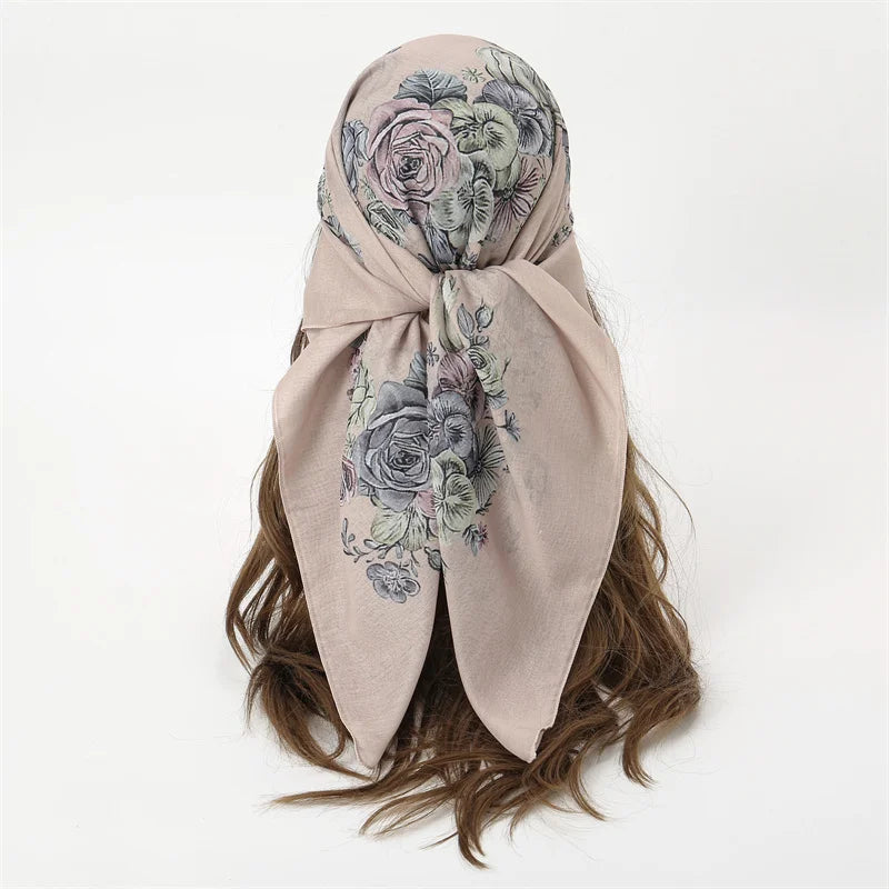 New Muslim Square Hijab Scarf Print Turban Thick Cotton Hair