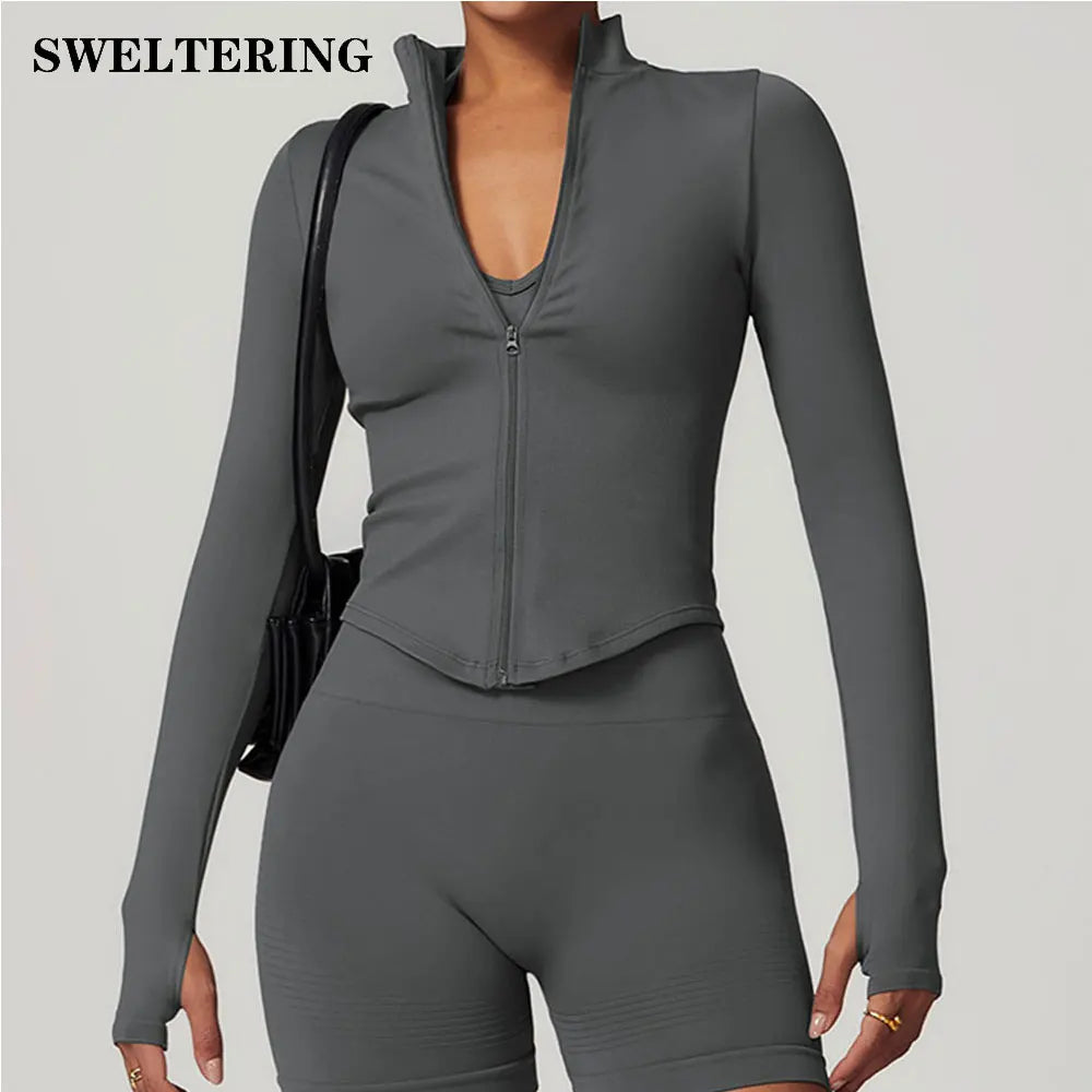 Zipper Jacket Women Crop Tops Yoga T-shirts Solid Sports Top Long Sleeve Running Shirts Sexy Quick Dry Fitness Gym Sport