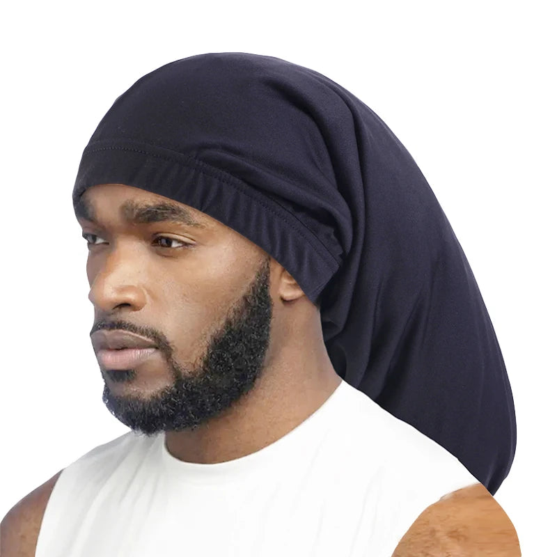 New Men Braids Dreadlocks Night Sleep Cap Long Tail Bonnet Cap Wide Elastic Band Chemo Cancer Hat Unisex Solid Color Hea