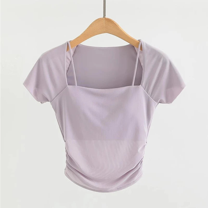 Women s Padded Yoga Shirts Short Sleeve Sports Crop Top