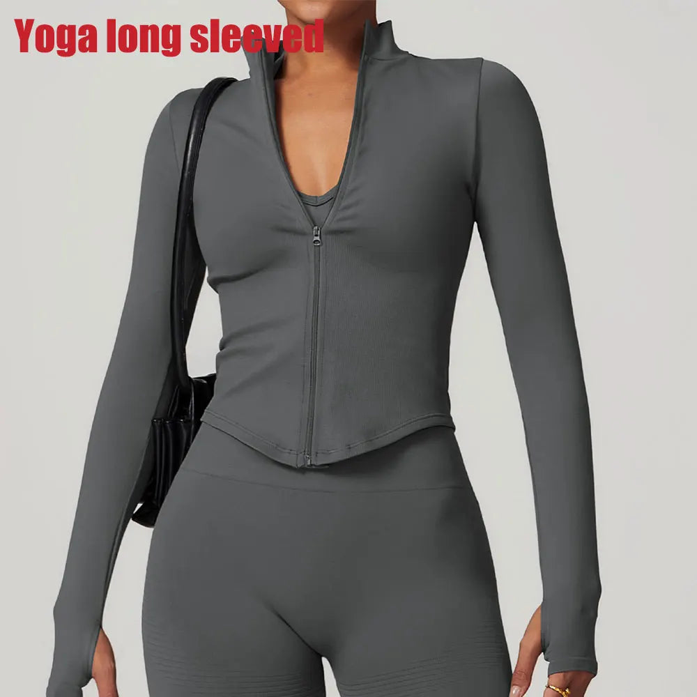 Zipper Jacket Women Crop Tops Yoga T-shirts Solid Sports Top