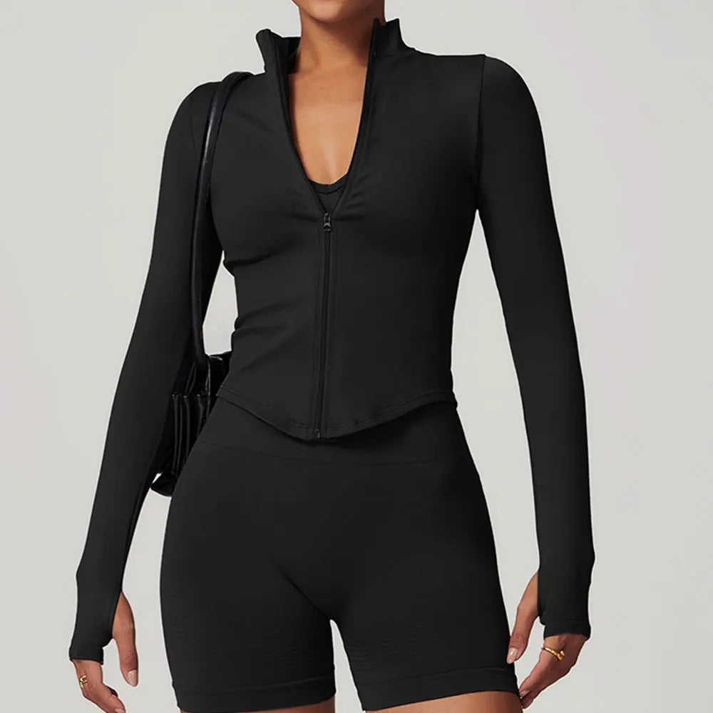 Zipper Jacket Women Crop Tops Yoga T-shirts Solid Sports Top