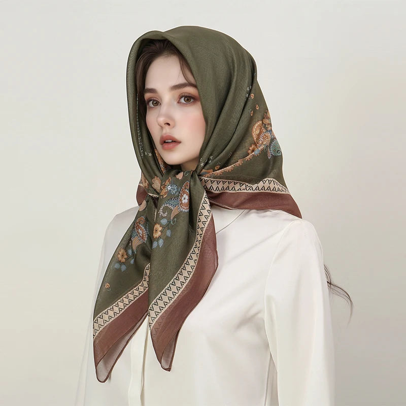 New Muslim Square Hijab Scarf Print Turban Thick Cotton Hair