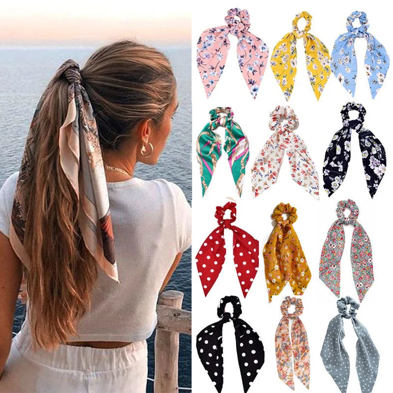 Fashion Leopard Print Bow Satin Long Ribbon Ponytail Scarf Hair Tie Scrunchies Women Girls Elastic Hair Bands Hair Acces