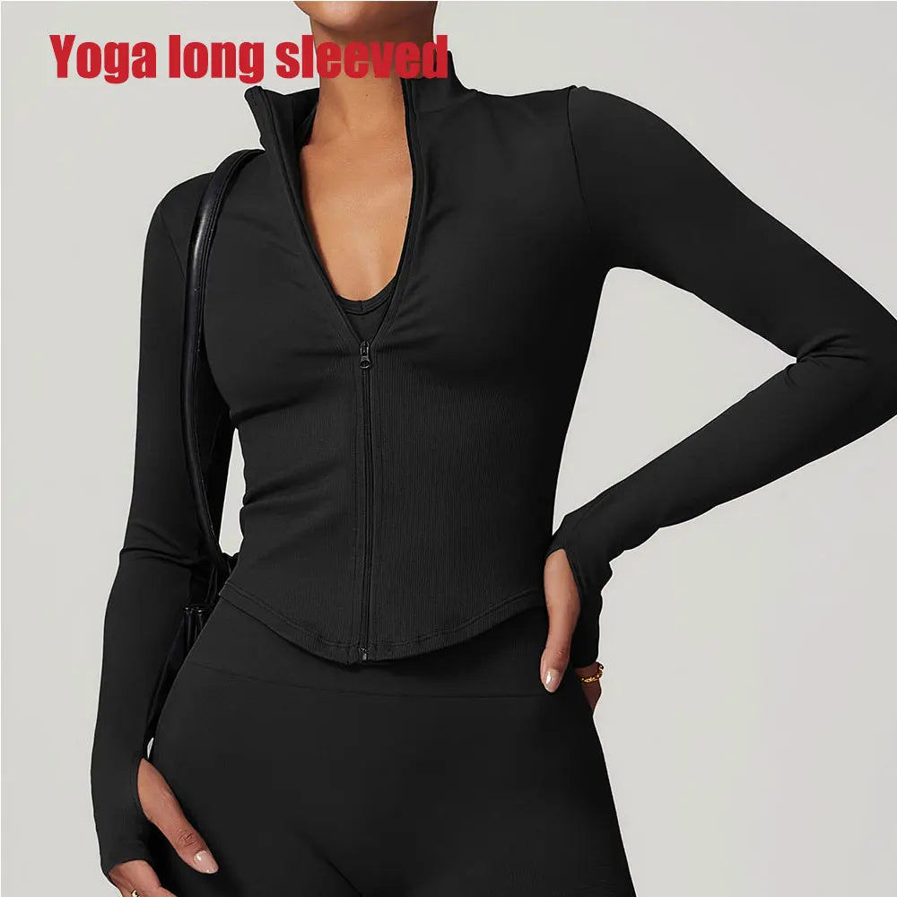 Zipper Jacket Women Crop Tops Yoga T-shirts Solid Sports Top