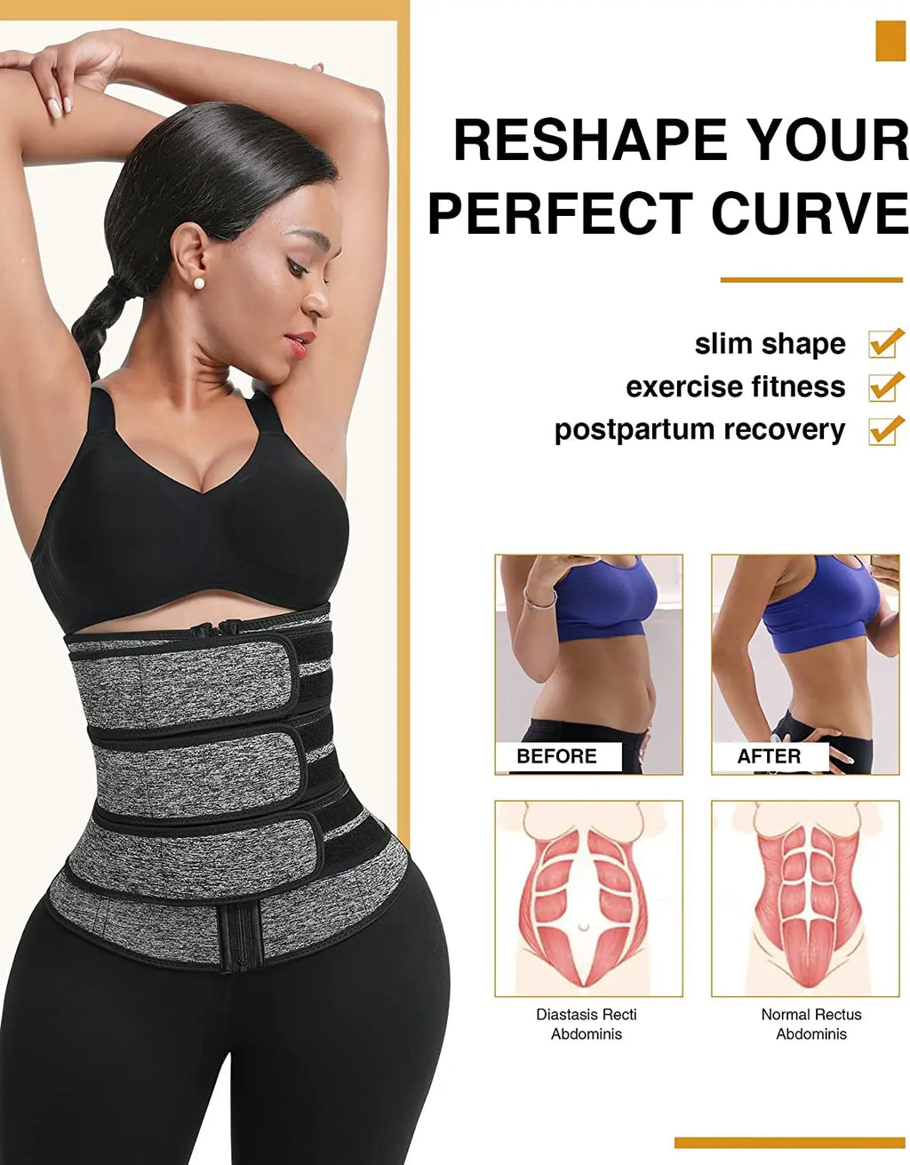 Women Waist Trainer Cincher 3 Straps - Tummy Control Sweat